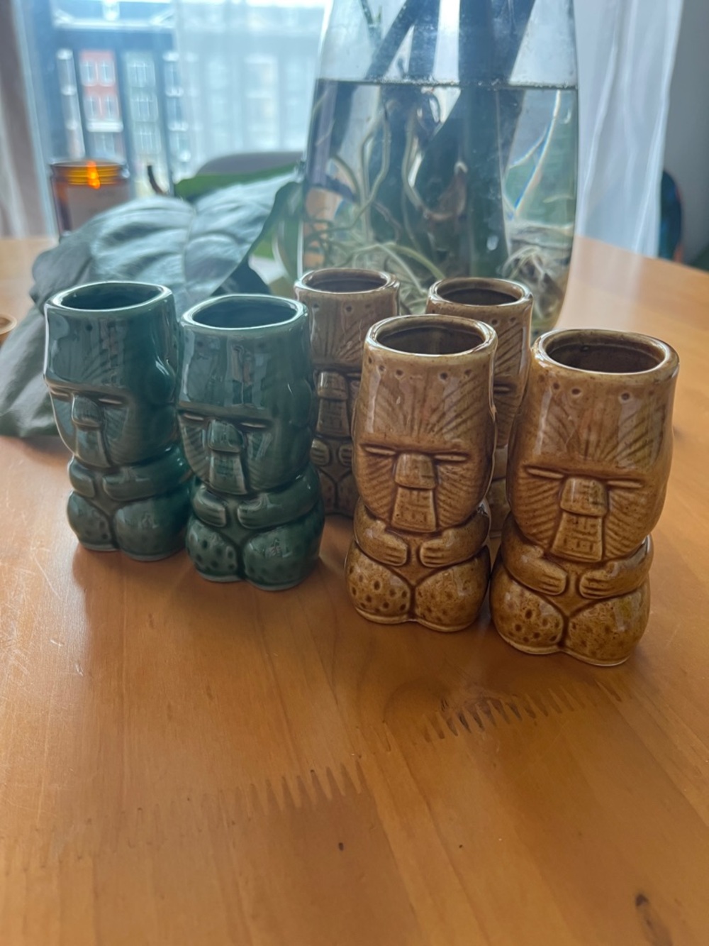 VINTAGE - Tiki shot Set - Green & Brown Ceramic Tiki Cups